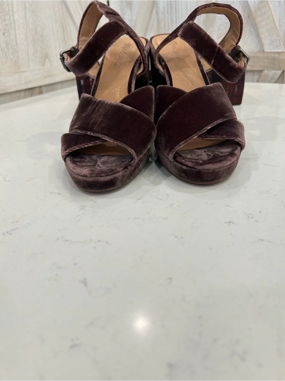 Madewell Deep Plum Velvet Crisscross Platform Sandals